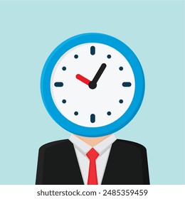 a businessman with a clock on his head, time management concept illustration. Flat style vector illustration