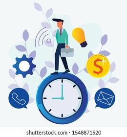 Businessman with a clock surrounded by various icons such as lights, coins, telephone and letters in the form of flat illustration vector