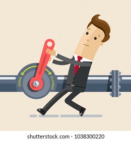 Businessman close red crane and shut off oil and gas industry oil pipe line . Vector illustration flat