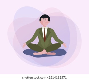 Businessman with closed eyes meditating. Man in suit sitting in lotus pose flat vector illustration. Yoga, stress relief, recreation concept for banner, website design or landing page