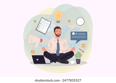 Geschäftsmann mit geschlossenen Augen meditierend und entspannend in Lotusstellung Vektorillustration. Büroangestellte, die Stressabbau am Arbeitsplatz praktizieren. Achtsamkeitsmeditation und Yoga-Konzept