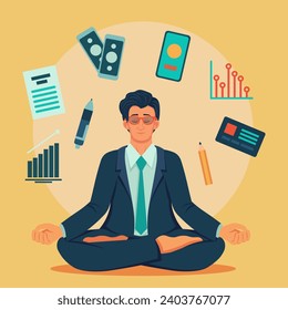 Businessman with closed eyes sitting in lotus position vector illustration. Man in formal wear without shoes meditating among smartphone, money, business card, documents, diagrams. Meditation concept