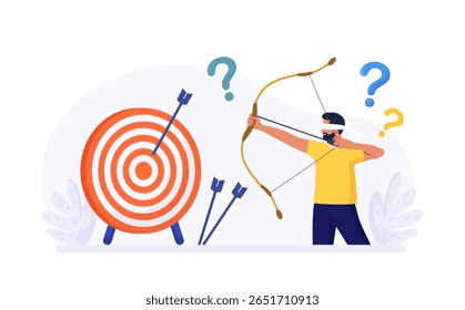 Empresário de olhos fechados tentando atirar flechas com arco para atingir o alvo, mas falhou miseravelmente. Pessoa mirando com tiro com arco no alvo incorretamente. Objetivos de negócios, estratégias e falhas errados