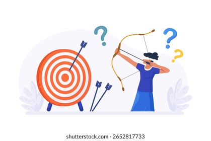 Businessman with closed eyes trying to shoot arrows with bow to hit bullseye but failed miserably. Person aiming with archery at target incorrectly. Wrong business goals, strategies and failure
