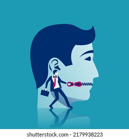 The businessman closes mouth to man. Mouth with zipper. Lips on lock. Vector illustration flat design. Not conversations. Symbol of silence. Violation of an individual's rights. Silence against.