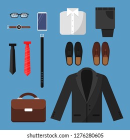 Businessman clothes. Fashion mens items pants shirt shoes watches tie bag vector top view flat illustrations