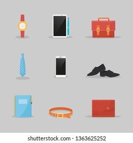 Businessman clothes and items illustrations set. Luxury watch, tie, briefcase isolated cliparts. Leather wallet and belt. Tablet, smartphone portable devices. Elegant shoes. Notebook with pen