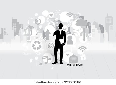 Businessman with cloud of application. Vector illustration.
