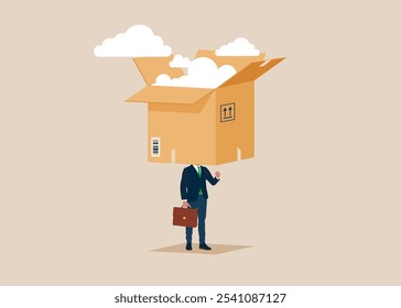 Businessman with cloud in box over his head. Businessman thinking outside the box. Positive or negative thinking, good or bad attitude. Modern vector illustration in flat style