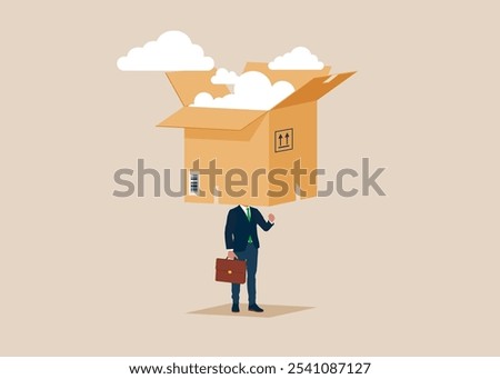 Businessman with cloud in box over his head. Businessman thinking outside the box. Positive or negative thinking, good or bad attitude. Modern vector illustration in flat style