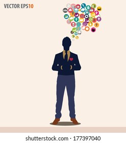Businessman with cloud of colorful application. Vector illustration.