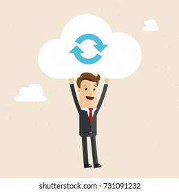 Businessman with cloud, download and upload concept.  Vector, illustration, flat