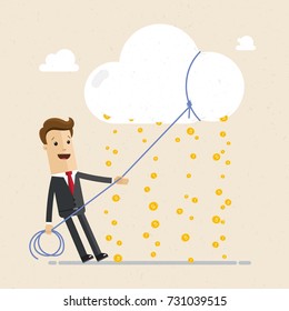 Businessman, cloud  and money rain. Vector, illustration, flat
