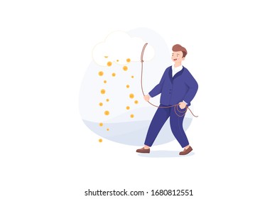 Businessman and cloud raining money. Vector, illustration