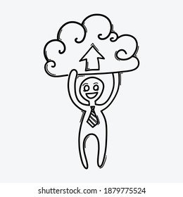 Businessman with cloud upload. Doodle vector icon. Drawing sketch illustration hand drawn cartoon line.
