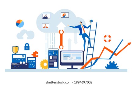 Businessman and the cloud. Work online, technology and internet security concept. Business illustration