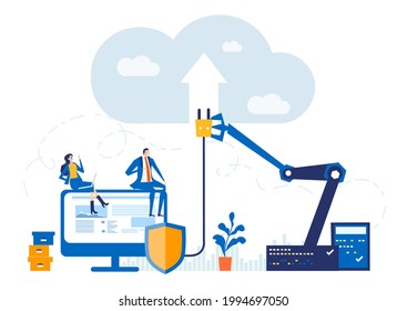 Empresario y la nube. Trabajar en línea, tecnología y concepto de seguridad de internet. Ilustración empresarial