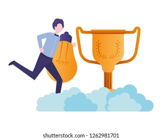 businessman in the clouds with trophy avatar character
