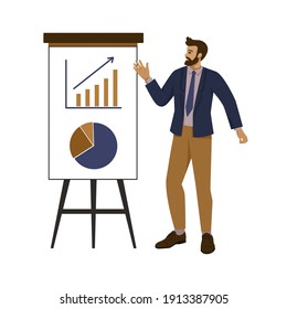 businessman, coach showing perspective growth charts on glider board, standing on isolated white background. vector illustration in cartoon, flat style