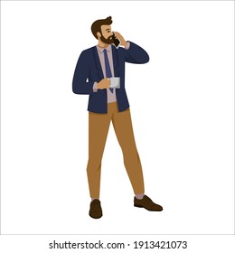 businessman, coaching, talking on the phone and drinking coffee during a break, standing on an isolated white background. vector illustration in cartoon style, flat