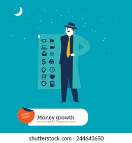 Businessman with coat and hidden icons. Vector illustration Eps10 file. Global colors. Text and Texture in separate layers.
