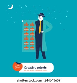Empresário com casaco e curtidas escondidas. Arquivo Eps10 de ilustração vetorial. Cores globais. Texto e Textura em camadas separadas.