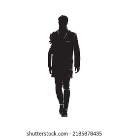 Businessman in coat walking, front view, abstract isolated vector silhouette, ink drawing, male fashion model