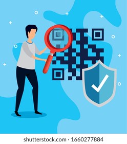 businessman with code qr and icons vector illustration design