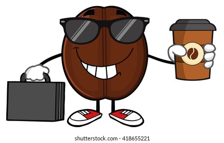 Businessman Coffee Bean Cartoon Mascot Character With Sunglasses And Briefcase Holding A Coffee Cup To Go. Vector Illustration Isolated On White