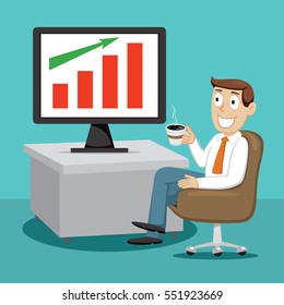 Businessman coffee break with chart go up on monitor, vector illustration cartoon