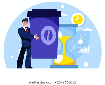 Businessman with a coffee cup. Coffee break. Background with hourglass and leaves. Vector graphics