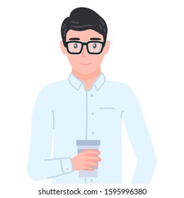 Businessman with coffee cup. Office employee dinking coffee. Manager male personage in glasses taking break. Isolated vector illustration in cartoon flat style.