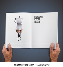 Businessman with coffee pot printed on book. Vector design