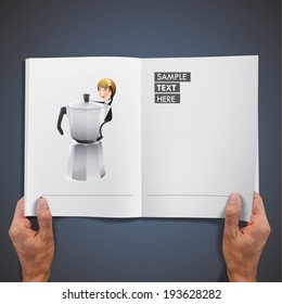 Businessman with coffee pot printed on book. Vector design