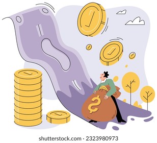 Businessman with coins. Employee or entrepreneur rejoices when money falls from above. Metaphor of financial literacy and passive income, successful investor. Person stands holding bag of money