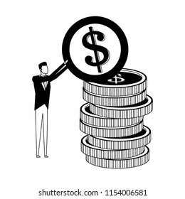 Businessman with coins stacked in black and white