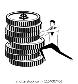 Businessman with coins stacked in black and white