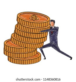 Businessman with coins stacked scribble