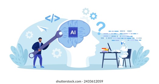 Businessman collaborates with smart AI brain. Business automation. Robotic assistance. Artificial Intelligence help business success. Robot automation or innovation support