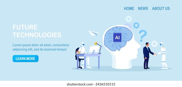 Businessman collaborates with smart AI brain. Business automation. AI robot performance. Robotic assistance. Human and artificial intelligence work together, machine assists or supports the work