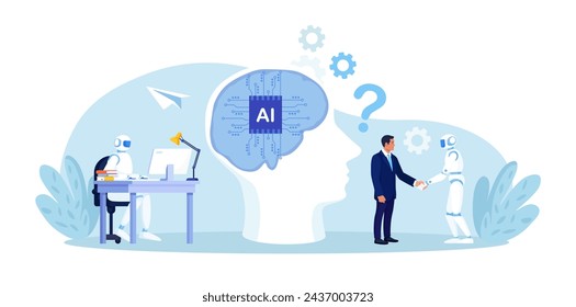 Businessman collaborates with smart AI brain. Business automation. AI robot performance. Robotic assistance. Human and artificial intelligence work together, machine assists or supports the work