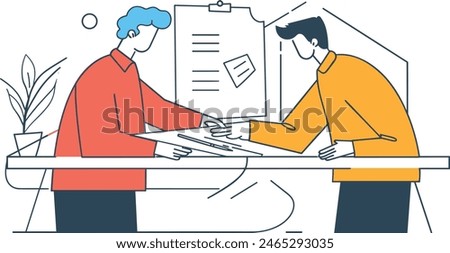 A businessman collaborating with a partner over a document, business partnership, professional collaboration, corporate teamwork, one continues line art vector illustration
