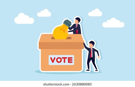 Empresario que colabora para poner la lámpara en la ilustración de la caja del voto para decidir la implementación de la idea del negocio