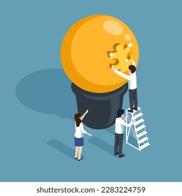 Businessman collaboration for business innovation work plan. Teamwork to solve a problem with the jigsaw light bulb. Vector illustration flat design brainstorm idea concept.