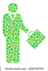 Businessman collage of dots in variable sizes and ecological green color tones. Vector circle elements are composed into businessman collage. Eco vector illustration.