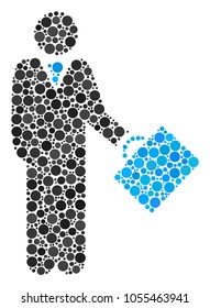 Businessman collage of round dots in various sizes and color hues. Circle elements are united into businessman vector composition. Vector illustration.