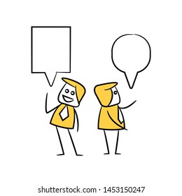 businessman and colleague with blank speech bubble yellow stick figure theme