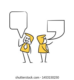 businessman and colleague with blank speech bubble yellow stick figure theme
