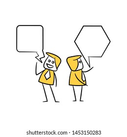 businessman and colleague with blank speech bubble yellow stick figure theme