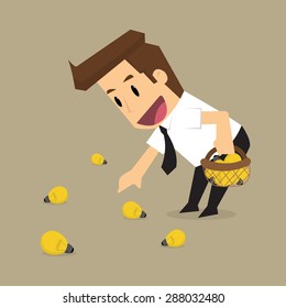 Businessman Collect Bulbs, Idea, Brainstorm. Vector